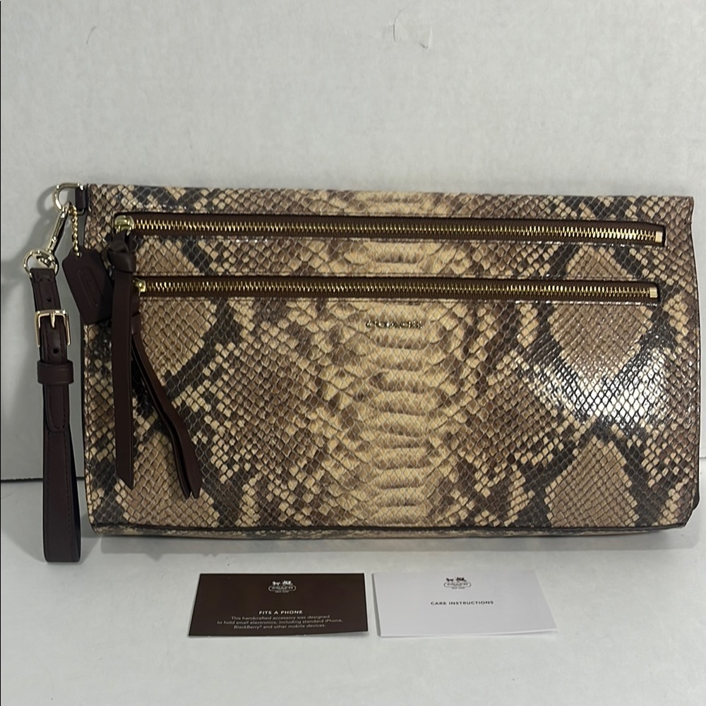 Coach Snakeskin Pattern Clutch with Gold Zippers